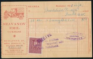 1928 Szavanov Emil cukrász (Régi Posta utca 2.), kitöltött, pecsételt számálja, autós címkiszállítási reklámmal, hajtott, a hátoldalán ceruzás bejegyzésekkel.