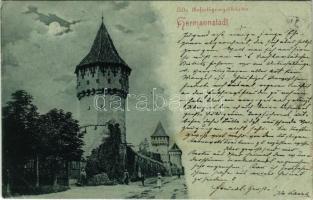 1898 Nagyszeben, Hermannstadt, Sibiu; Alte Befestigungsthürme / Régi erőd tornyok este holdfényben / towersat night in moonlight (apró lyuk / tiny pinhole)