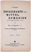cca 1916 G. Freytags Közép-Románia részletes térképe, külön Bukarest város térképekkel, (Deteilkarte von Mittel-Rumänien und der angrenzenden Länder, 1: 400.000, nebst Plan von Bukarest, 1:30.000, und Karte der Umgebung von Bukarest, 1:150.000.), színes, eredeti borítékkal, kiváló állapotban, 99x58 cm.
