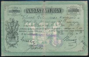 1913-14 Vadászati jegy Vilczek Béla MÁV tisztviselő, Andrássy-úti lakos részére, kitöltve, hajtásnyommal, kis kopásokkal, egyébként jó állapotban.