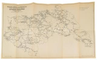 cca 1941 Magyar Királyi Államvasutak közúti gépkocsiüzem (MÁVAUT) autóbusz-vonalainak és a M. Kir. Államvasutak hálózatának átnézeti térképe, kétoldalas térkép (rajta a visszatért felvidéki, kárpátaljai, erdélyi területekkel), tervezte: Tallián Ferenc, 1 : 400.000, Bp., Magyar Földrajzi Intézet Rt., 33x59 cm