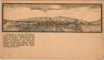 Nagyszeben, Hermannstadt, Sibiu; Veduta da Ponente della Citta di Hermanstadt 1699 / a város 1699-es látképe egy régi metszeten / Sibiu anno 1699 (apró lyukak / tiny pinholes)