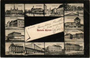 1911 Győr, Városháza, Rába rakpart, Erzsébet tér, Kisfaludy szobor a parkkal, Izraelita templom, zsinagóga, Törvényszéki palota, Royal szálloda, Pénzügyi palota, Kisfaludy kávéház, vasútállomás, Apollo mulató és mozi, Állami főreáliskola (fl)