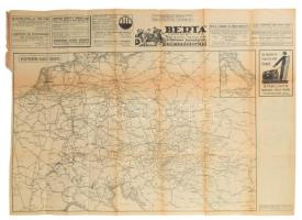 cca 1925 Középeurópa vasúti térképe és a magyar vasutak hálózata, kétoldalas térkép, reklámokkal, néhány kis lapszéli sérüléssel, 50x70 cm