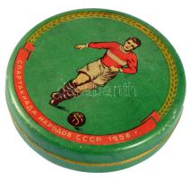 Népek spartakiádja 1956 focis díszítésű fémdoboz, d: 10 cm