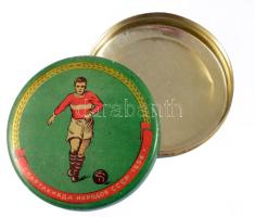 Népek spartakiádja 1956 focis díszítésű fémdoboz, d: 10 cm