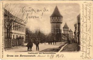 1903 Nagyszeben, Hermannstadt, Sibiu; Stadttheater und Harteneck-Türme / Városi színház és Harteneck tornyok. Verl. d. Buchh. G. A. Seraphin / street view, theatre, towers (EB)