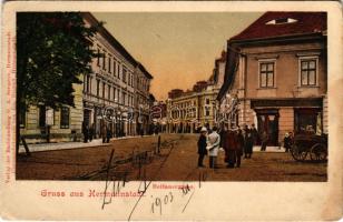 1903 Nagyszeben, Hermannstadt, Sibiu; Heltauergasse / Disznódi utca, Julius Wermescher, Carl Landmann üzlete, Transsylvania szálloda. Verlag d. Buchh. G. A. Seraphin. Lichdtruck v. Jos. Drotleff / street view, shops, hotel (Rb)