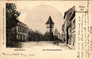 Nagyszeben, Hermannstadt, Sibiu; Stadttheater und alte Befestigungstürme / városi színház, torony. Karl Graef kiadása / theater, tower (Rb)