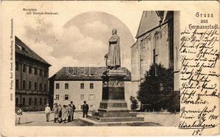 1901 Nagyszeben, Hermannstadt, Sibiu; Tér és Teutsch püspök szobra. Karl Graef / Huetplatz mit Teutsch Denkmal / square, statue (ázott sarkak / wet corners)