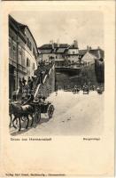 Nagyszeben, Hermannstadt, Sibiu; Burgerstiege / Várlépcső, híd. Karl Graef kiadása / castle stairs, shops (ázott / wet damage)
