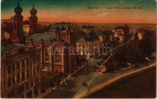 1914 Bielsko-Biala, Bielitz; Kaiser-Franz-Joseph-Strasse / Ferenc József utca, zsinagóga / street, synagogue (fl)