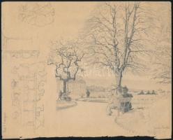 Glatz Henrik (Glatz Oszkár fia): Jardin Anglais, Genf, Svájc, 1921 (tanulmányrajz). Ceruza, papír. Jelzett. 17,5×22 cm