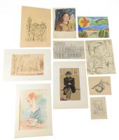 Jelzés nélkül, 1900-1930 körül: 10 db tanulmányrajz (portrék, épület, táj stb.) Klf. technikák, papír, klf, méretekben 30x21 cm-ig.