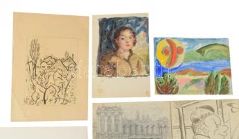 Jelzés nélkül, 1900-1930 körül: 10 db tanulmányrajz (portrék, épület, táj stb.) Klf. technikák, papí...