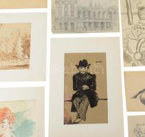 Jelzés nélkül, 1900-1930 körül: 10 db tanulmányrajz (portrék, épület, táj stb.) Klf. technikák, papí...