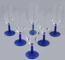 Francia kéken színezett talpú pezsgős pohár garnitúra, 6 darab, jelzett, hibátlan, m: 17 cm