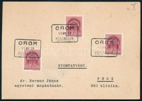 1941 Nyomtatvány "OROM" postaügynökségi bélyegzéssel