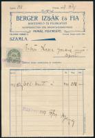 1917 Berger Izsák és Fia pomázi bortermelő kitöltött, okmánybélyeges számlája, hajtva, jó állapotban.
