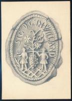 cca 1930 Egy villányi boroshordó tetődeszkán, lévő faragott grafikája, lerajzolva, borreklám kartonon, szép állapotban, 15x11 cm