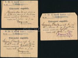 1939 Tapolca, M. kir. 3. honvéd bombázó repülőezred 1. századparancsnokság 3 db eltávozási engedélye Koppány Dezső tizedes részére