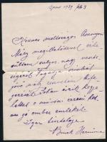 1929 Bruck Hermina (1861-1945) festőművésznő sajátkézzel írt és aláírt részvétlevele, báró Korányi Annának, férje Soós Elemér elhunyta alkalmából, 1929. feb. 3., 1 beírt oldal, hajtva, jó állapotban.