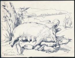 Szőnyi Jenő (1902-?): Sertéscsalád a Mátrában. Golyóstoll, papír, jelzett. 17,5x23 cm.