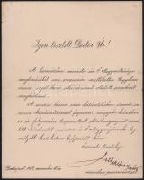 1902 Bp., báró Fejérváry Géza honvédelmi miniszter aláírt fényképéhez mellékelt gratuláló levél (az említett fotó nélkül), Yall Alfréd százados, honvédelmi miniszteri parancsőrtiszt autográf aláírásával, kisebb lapszéli szakadással