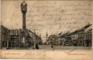 1904 Szombathely, Erzsébet királyné utca, Szentháromság szobor, üzletek (EB)