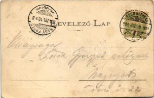 1904 Szombathely, Erzsébet királyné utca, Szentháromság szobor, üzletek (EB)