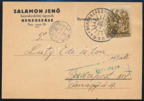 1938 Salamon Jenő beregszászi kereskedelmi ügynök levele, Szlovenszkó - Kárpátalja visszacsatolása után, a másik oldalán: ezen a területen milyen cégeket képvisel, "Beregszász visszatért" visszatérési bélyegzéssel,1938. nov. 22. dátum bélyegzéssel, jó állapotban.