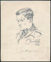 Márton Ferenc (1884-1940): 1933 Gödöllői Jamboree - R. H. Mc Carthy brit birodalmi cserkésszövetség sajtótitkárát ábrázoló rajza az ábrázolt aláírásával. Ceruza, papír, jelzett, / Scout Jamboree 1933. Gödöllő, R. H. Mc Carthy british scout press secretary. Pencil drawing with the signature of the depicted. 20x18 cm