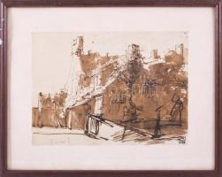 Rembrandt: Holland ház napfényben c. munkájának reprodukciója, üvegezett keretben 17x23 cm, 26x32 cm