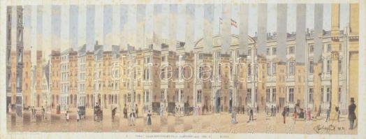 Szalay Pál (1953-2015): A régi Hamburg két látképe, 1998. Kollázs, papír. Jelezve jobbra lent. Paszpartuban. Kissé foltos. 19,5x49,5 cm