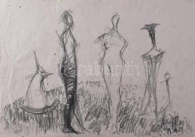 Szalay Pál (1953-2015): Alakok és kutya. Szén, papír. Jelezve jobbra lent. 30,5x43 cm