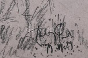 Szalay Pál (1953-2015): Alakok és kutya. Szén, papír. Jelezve jobbra lent. 30,5x43 cm