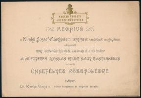 1897 Meghívó a Magyar Királyi József-Műegyetem 1897/98-ik tanévének megnyitása alkalmából. aranyozott, dombronyomott címer díszítéssel 22x15 cm