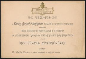1897 Meghívó a Magyar Királyi József-Műegyetem 1897/98-ik tanévének megnyitása alkalmából. aranyozott, dombronyomott címer díszítéssel 22x15 cm