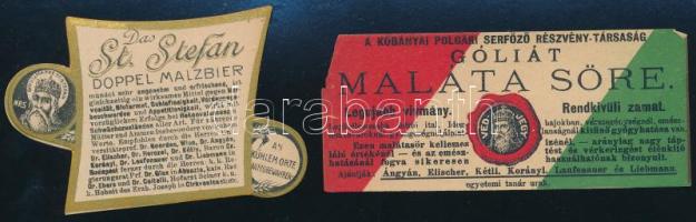 2 db Kőbányai Polgári Serfőző Rt. címke: Das St. Stefan Doppel Malzbier (Szent István dupla malátasör) + Góliát maláta sör, kissé sérült