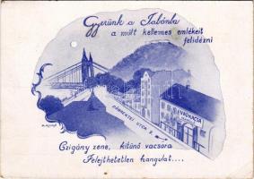 1944 Budapest I. Tabán, Vadkacsa vendéglő reklám: Gyerünk a Tabánba a múlt kellemes emlékeit felidézni, cigány zene, kitűnő vacsora, felejthetetlen hangulat... Döbrentei utca 9. s: Goró (EB)