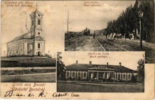 1903 Bocsár, Bocar; Görögkeleti (ortodox) templom, vasútállomás, gőzmozdony, vonat, Baich kastély / Orthodox church, railway station, locomotive, trian, castle (kis szakadás / small tear)