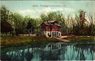 1909 Arad, Városliget a korcsolya tóval. Pichler Sándor kiadása / park with skate pond (ázott sarok / wet corner)