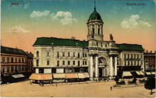 1916 Arad, Minorita templom, Schwarcz Zsigmond, Deutsch Testvérek üzlete. Vasúti levelezőlapárusítás 9. sz. 1916. / church, shops (EK)