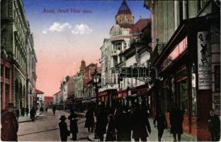 1914 Arad, Atzél Péter utca, Fehér Kereszt szálloda, üzletek. Kerpel Izsó kiadása / street, hotel, shops (EK)