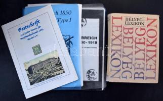 Szakirodalom tétel, benne Bélyeglexikon (Budapest, 1988) + Festschrift 125 éves A Kasseli Filatéliai Társaság német nyelvű kiadvány + Ausztria 1850-1918 német nyelvű kézikönyv és katalógus fekete-fehér fénymásolata és 1850 9kr I. típus tanulmány fekete-fehér fénymásolata német nyelven, dobozban