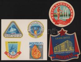 ca 1950 6 db magyar hotelcímke, bőröndcímke és címketerv