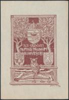 Förstner Tivadar (1878-1935): Az Erdélyi Nemzeti Múzeum Könyvtáráé, Kolozsvár, 1904 (szecessziós, címeres ex libris). Klisényomat, papír, jelzett a nyomaton. 10x7 cm