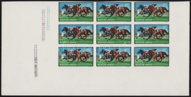 1971 Lósport 40f vágott gumi nélküli fázisnyomat ívsarki 9-es tömbben, sárga színnyomat nélkül, nyomdai jelzésekkel