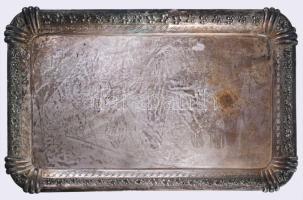 Ezüst (Ag) tálca, pereménél hengerelt virágmintás díszítéssel. Bécs, 1872-1922 közötti fémjel, 800 ezrelékes ezüst, FR mesterjegy, 52x31 cm, nettó 1529g