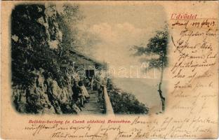 1899 Brassó, Kronstadt, Brasov; Bethlen-Grotte / Bethlen-barlang (a Czenk oldalán), vendéglő / Pestera lui Bethlen / cave restaurant (vágott / cut)